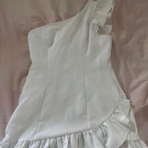 BOUTIQUE Ruffle One Shoulder Formal Fitted Preppy Women's Mini White Dress